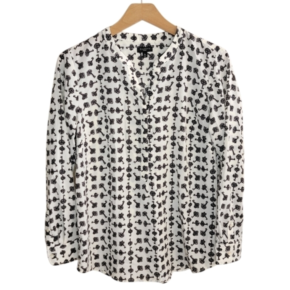 Talbots | Petite Ivory & Black Key Print Popover Blouse - Picture 1 of 4